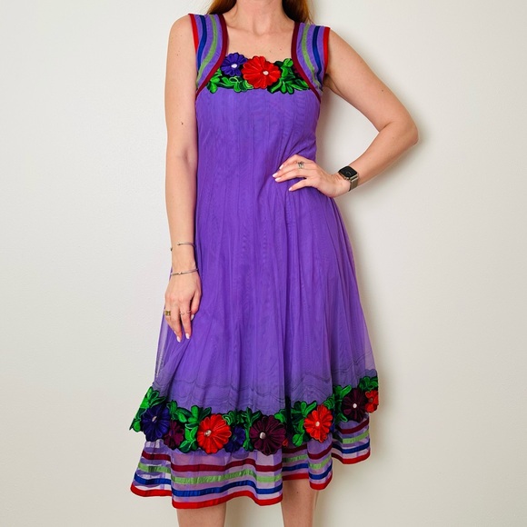 Handmade Dresses & Skirts - Vintage Phool Dress Indian Vibrant Purple Floral Embroidered Midi